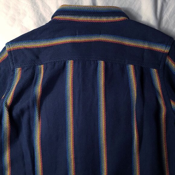 Outerknown NWT Sz M Organic Cotton Blanket Shirt Marine Rainbow Stripe - Picture 11 of 13